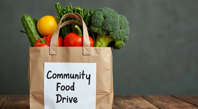 Community food drive showcases fresh vegetables and fruits in a donation bag on a wooden table in a supportive environment