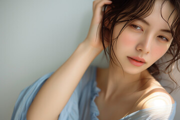 Obraz premium 優しい光に包まれたリラックスした女性の一瞬