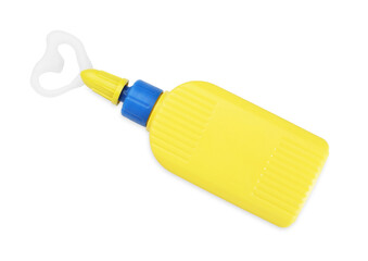 Bottle and stain of glue isolated on white, top view