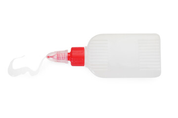 Bottle and stain of glue isolated on white, top view