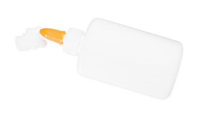 Bottle and stain of glue isolated on white, top view