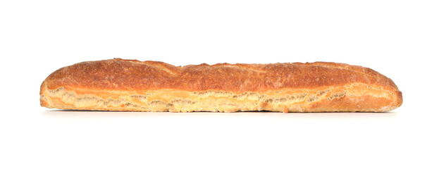 One freshly baked baguette isolated on white