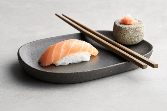 Experience the exquisite taste of a single Salmon Nigiri, artfully presented on a dark grey slate plate, accompanied by chopsticks and pickled ginger. A moment of pure culinary bliss!