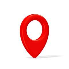 3d red plastic map location pointer with shadow isolated on transparent background. Destination pin rotated 30 degrees.