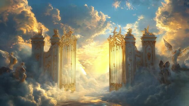 Heaven gates in cloudy sky background. Entrance to paradise with angel statues. Divine journey concept. Christian religion.
