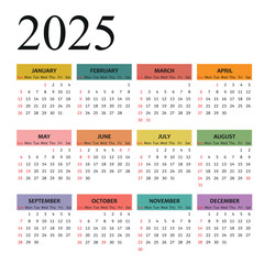 Year 2025 colorful calendar template vector illustration. Week starts sunday