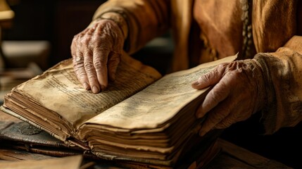 Aged hands gently turn antique book pages.