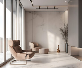 Aesthetic elegant minimalist modern interior design. Clear mock up empty wall for decoration in the apartment. Copy space in the room. Neutral palette of natural colors.