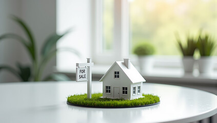White miniature deattached house on table with 'For Sale' sign - Generative AI