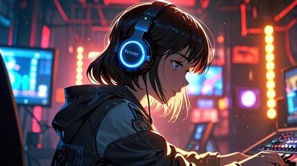 Anime girl listening to music on her headphones, good for lo-fi music background