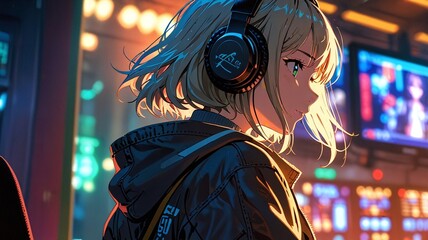 Anime girl listening to music on her headphones, good for lo-fi music background