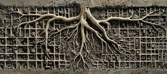 A majestic tree integrating nature and urban life, shaping streets and buildings in the city center