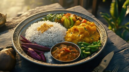 Nepali Meal of Daal Bhaat Tarkari Thakali Thali. Meat Rice vegetables and pickle dhido meal dinner or lunch