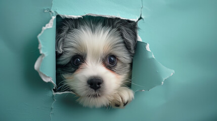 Adorable puppy peeking through a torn hole in a turquoise wall showcasing cute and innocent expression