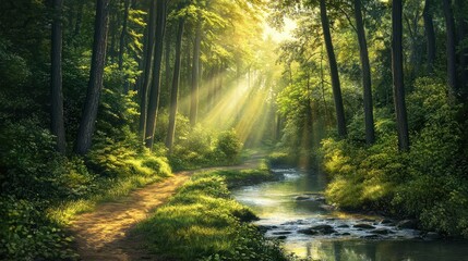 Obraz premium Peaceful cinematic scene of a dense forest with a sunlit trail winding by a gentle creek