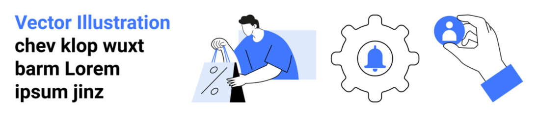 Man holding shopping bags and gear with bell symbol, and hand holding user icon. Ideal for marketing, customer engagement, notifications, team management, online shopping, user profiles, and digital