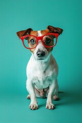 : A playful Jack Russell Terrier with oversized, red-framed glasses, standing confidently against a solid teal background. The glasses give the dog a quirky and cheerful look.