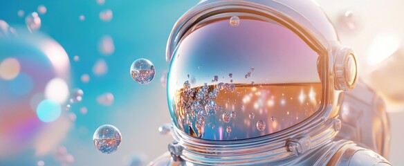 Futuristic astronaut reflective helmet with floating bubbles in vibrant colors