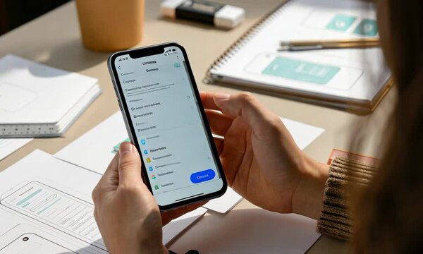 Person designing mobile app, holding smartphone, reviewing wireframe sketches on paper