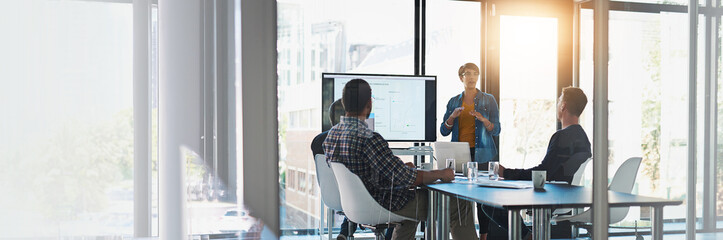 People, presentation and screen in office for business, B2B meeting and company collaboration in banner. Woman speaker, tech and investors at space for brainstorming, growth pitch or graph on display