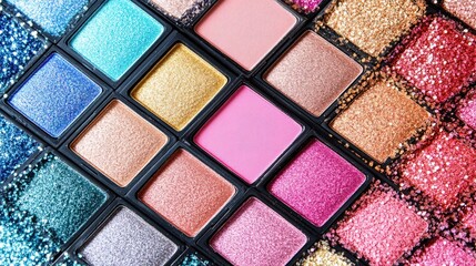 Fototapeta premium Vibrant and colorful makeup palettes featuring glitter and shimmer options elegantly arranged in a flat lay presentation