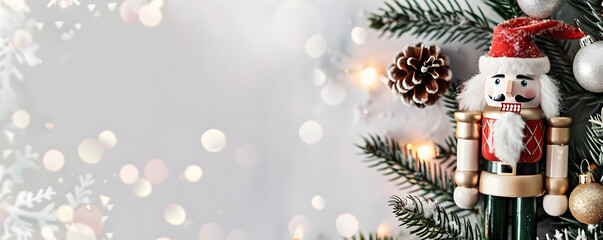 Nutcracker soldier in red uniform on pine branch on blurred lights background. Concept for Christmas, New Year winter holidays. White minimalistic card with copy space. Festive toy on Christmas tree
