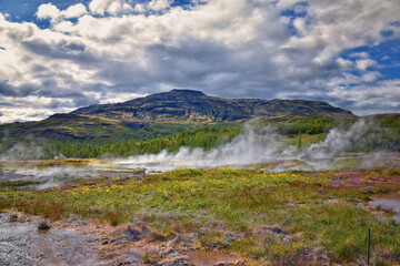 The Great Geysir and Strokkur geyser Golden Circle south-western Iceland, Haukadalur valley Laugarfjall lava dome, Europe.
