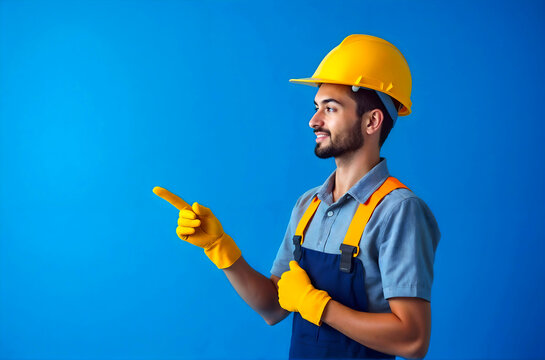 A man in a yellow shirt and blue overalls points to the sky