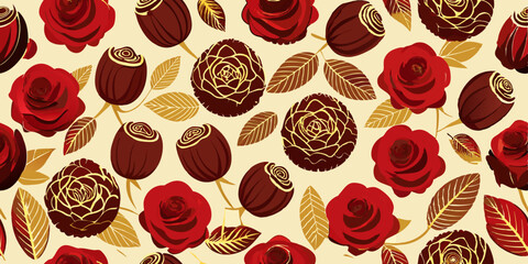 A repeating pattern of red roses and dark brown rose buds.  Gold leaf-like accents are placed on the petals, leaves, and stems of the roses