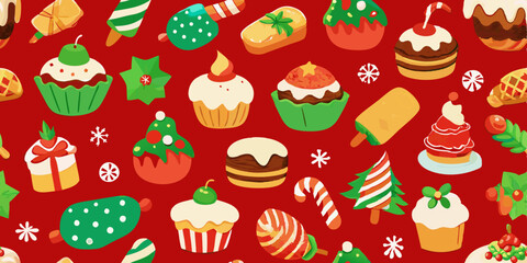 A seamless pattern featuring various Christmas-themed baked goods and sweets.  Small, stylized cupcakes, cakes, cookies, candy canes