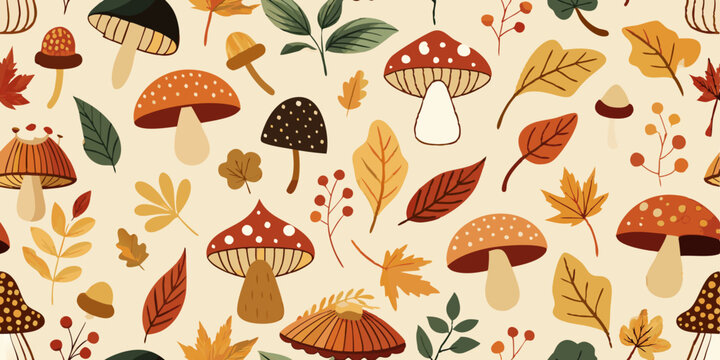A seamless pattern featuring various autumnal elements.  The pattern consists of mushrooms with varying shades of red, orange, and brown, scattered throughout with autumn leaves in shades of orange