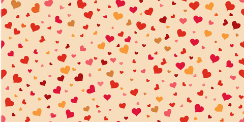 A seamless pattern of small hearts.  Various shades of red, orange, and pink hearts are scattered across a light beige or peach background