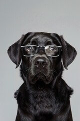 : A sleek black Labrador with rectangular, silver-framed glasses, sitting calmly against a solid grey background. The glasses give the dog a serious and intelligent look.