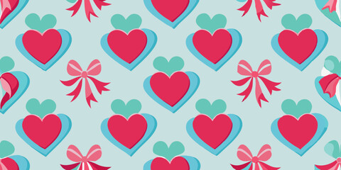 A repeating pattern of red hearts with teal and light pink bows.  The hearts are outlined in teal, and the bows are in a light pink color.