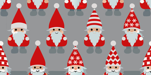 Christmas gnomes, Scandinavian style, red and white, pointed hats, cute cartoon characters, repeating pattern, gray background, festive holiday decor, minimalist design, whimsical illustration, Nordic