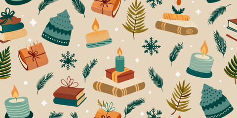 A seamless pattern featuring cozy winter elements.  Stacked books, lit candles,  gift-wrapped presents,  pine branches, snowflakes