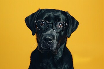 : A sleek black Labrador with simple, rectangular glasses, sitting calmly against a solid yellow background. The glasses give the dog a serious and focused look.