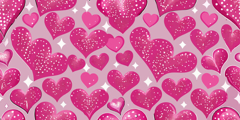 A repeating pattern of pink hearts on a light purple background.  The hearts are stylized, with a speckled or glittery texture, giving them a slightly sparkly appearance