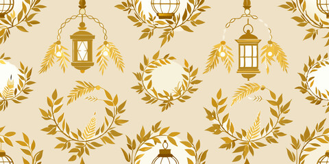 A seamless pattern of golden-colored hanging lanterns and laurel wreaths on a beige background.  The lanterns are depicted in a detailed style, with ornate metalwork and a slightly translucent