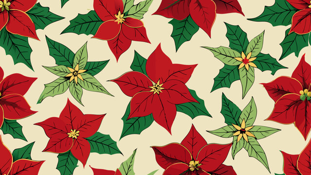 A repeating pattern of poinsettia flowers on a pale cream background.  The poinsettias are vibrant red with detailed yellow centers and green leaves