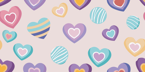 A seamless pattern of various hearts.  The hearts are depicted in a cartoonish style, with slightly three-dimensional shading, creating a sense of depth