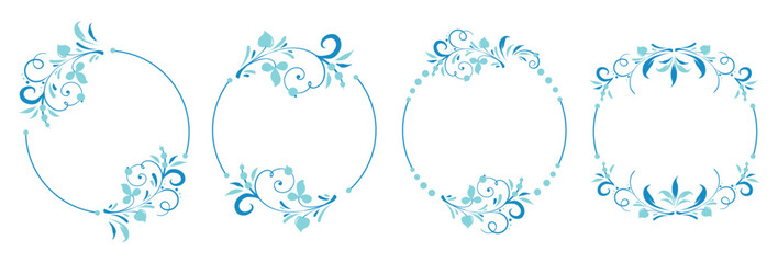 Blue winter round frame with vignettes. Folk motif with floral Slavic old Russian patterns. Design of wedding, Christmas invitations, anniversaries, congratulations. Vector isolated elegant border.