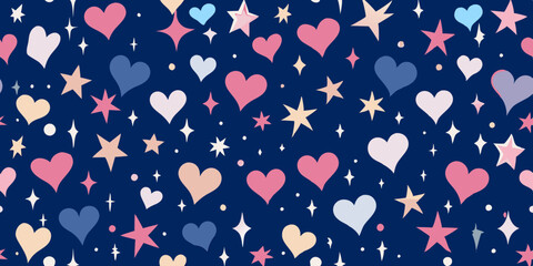 A repeating pattern of hearts and stars on a navy blue background.  Hearts are various pastel shades of pink, peach,  blue, and lavender