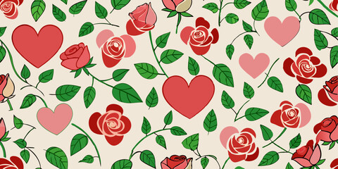 A seamless pattern of roses and hearts on a light beige background.  Red roses with detailed petals are interspersed with various shades of pink and red hearts