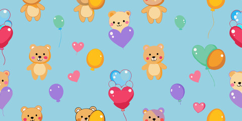 A light-blue background features a repeating pattern of small, cartoonish teddy bears and colorful balloons.  The teddy bears are light brown