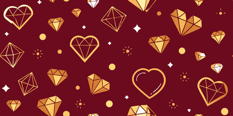 A repeating pattern of gold-toned diamonds and heart-shaped gems on a deep burgundy background.  The gems are outlined with a thin, consistent line