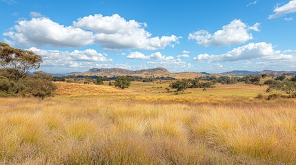 Fototapeta premium Scenic landscape featuring golden grass and distant mountains under a blue sky.