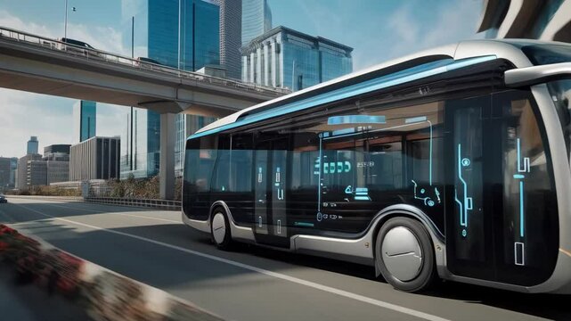 Futuristic electric bus driving in city with buildings in background. Advanced public transportation and eco-friendly urban transport. Future smart city concept.