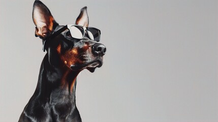 : A sleek Doberman wearing sleek, black rectangular glasses, standing confidently against a solid white background. The glasses give the dog a powerful, commanding presence.