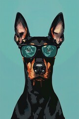 : A sleek Doberman with minimalist, black-framed glasses, standing proudly against a solid turquoise background. The glasses give the dog a powerful and commanding presence.